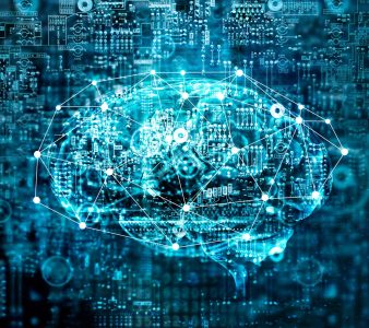 Artificial Intelligence digital Brain future technology on motherboard computer. Binary data. Brain of AI. Futuristic Innovative technology in science concept