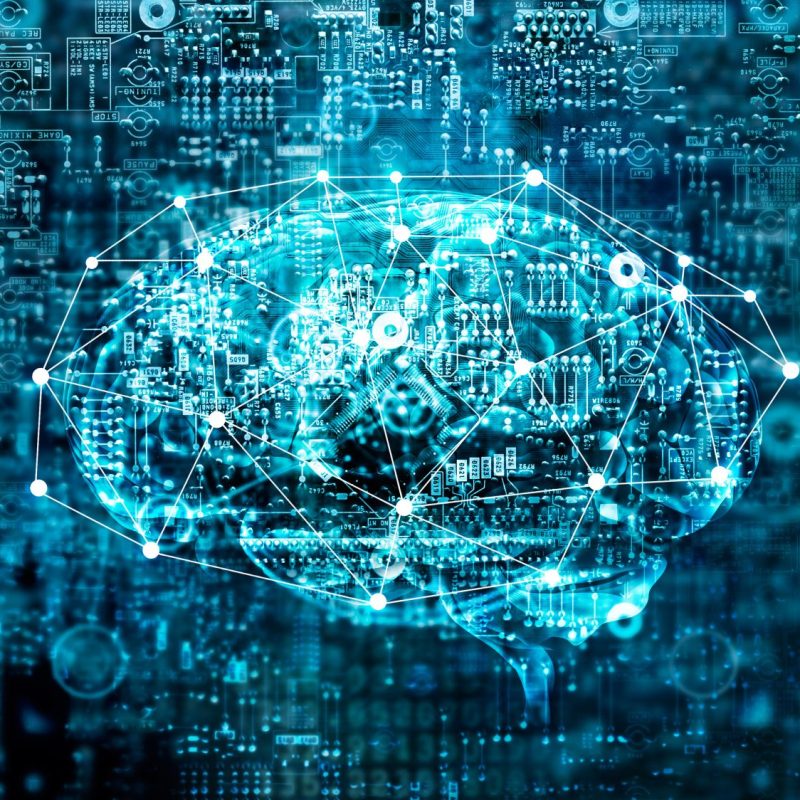 Artificial Intelligence digital Brain future technology on motherboard computer. Binary data. Brain of AI. Futuristic Innovative technology in science concept