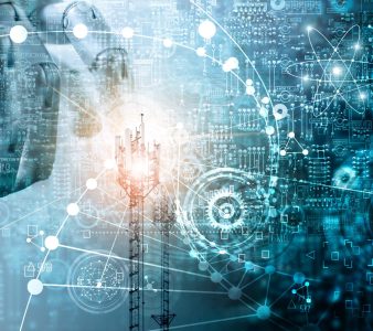 Futuristic technology concept, Mixed media, Innovations data systems connecting people and robots devices. AI, Artificial Intelligence, Robotic hand on blue circuit board background. Innovative technologies and communication