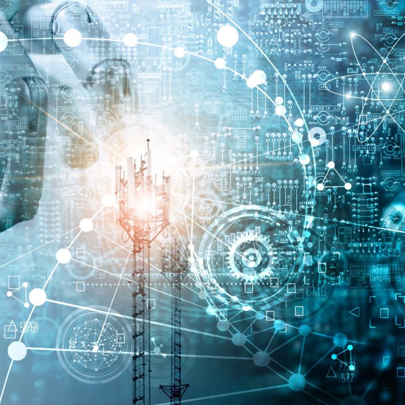Futuristic technology concept, Mixed media, Innovations data systems connecting people and robots devices. AI, Artificial Intelligence, Robotic hand on blue circuit board background. Innovative technologies and communication